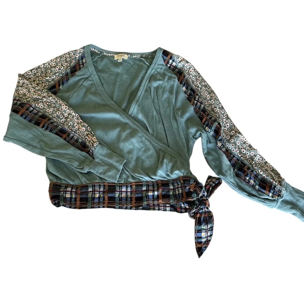 Umgee Mixed Media Patchwork Wrap Top Sage Green Floral Plaid Boho Whimsical Sz M